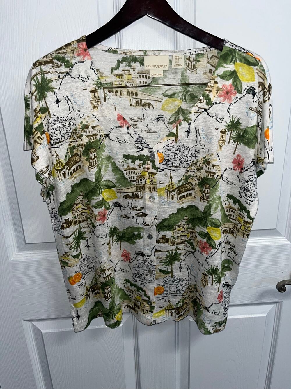 Cynthia Rowley 100% Linen Amalfi Coast Lemon Print V-Neck Blouse - Size XL